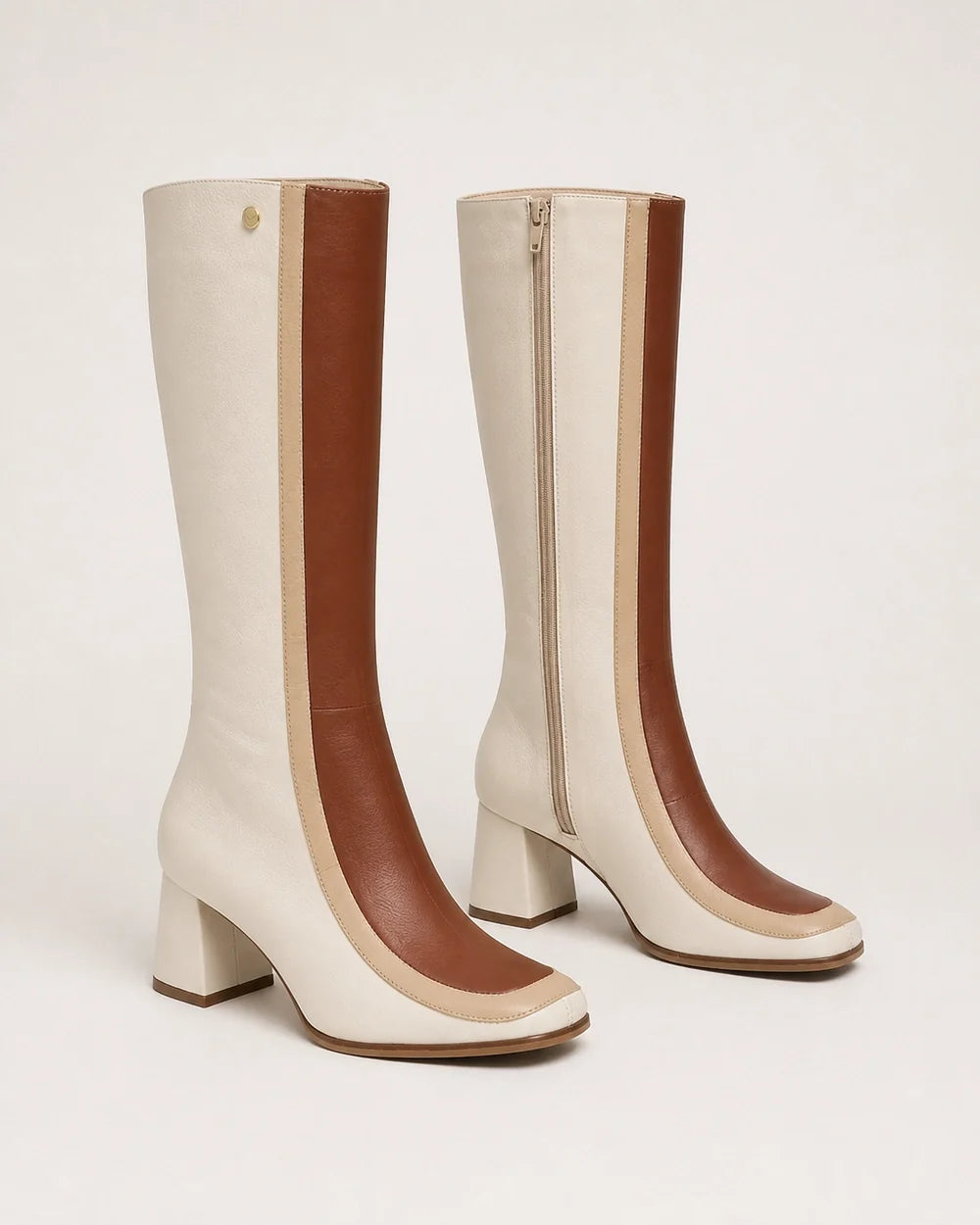 Ivory and tan colour-block knee-high boots, product-only view