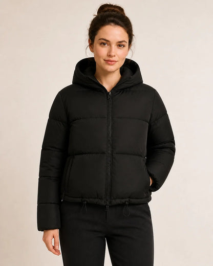 Momount women short hooded puffer jacket black