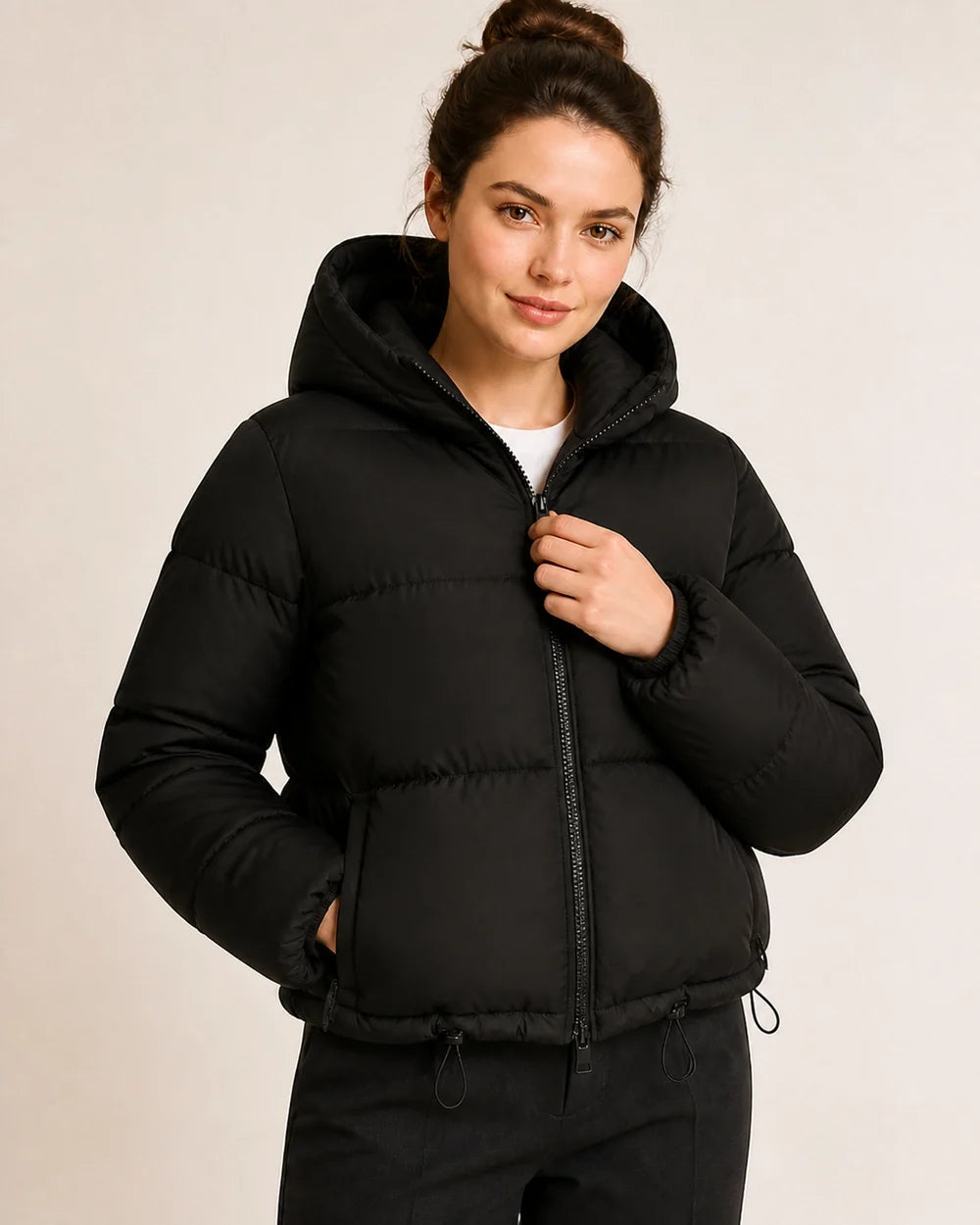 Momount women short hooded puffer jacket black