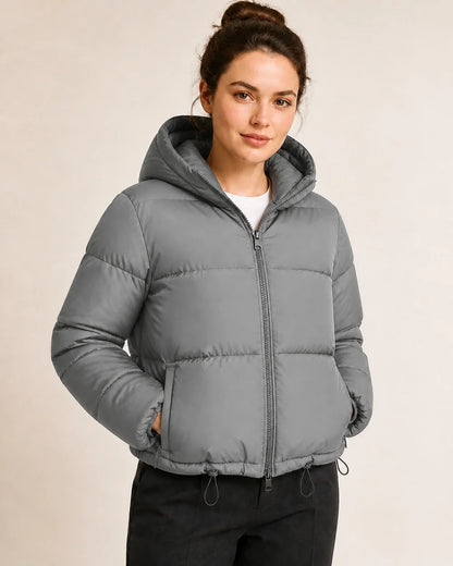 Momount women short hooded puffer jacket grey