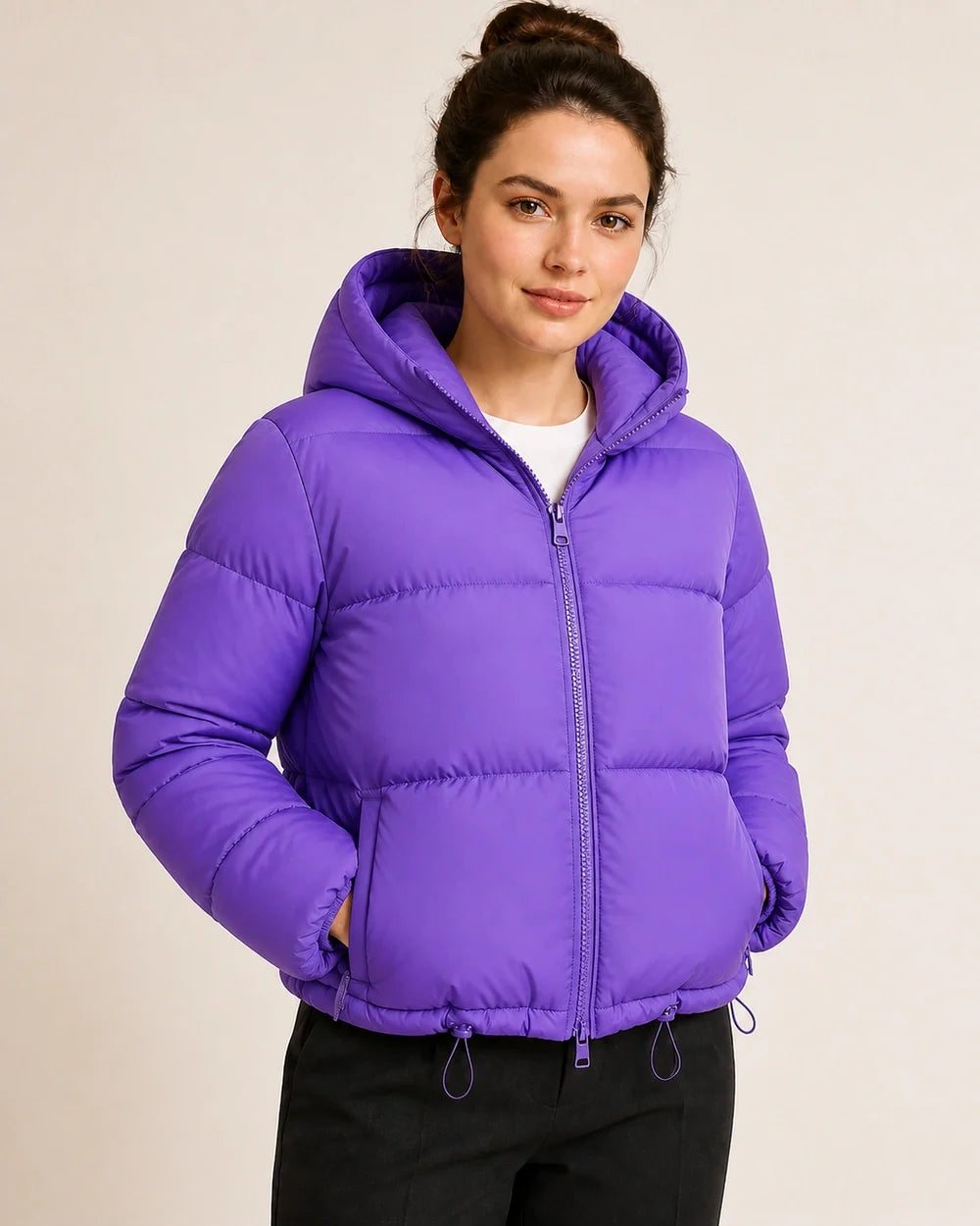 Momount women short hooded puffer jacket purple