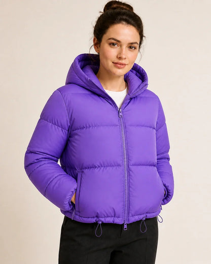 Momount women short hooded puffer jacket purple