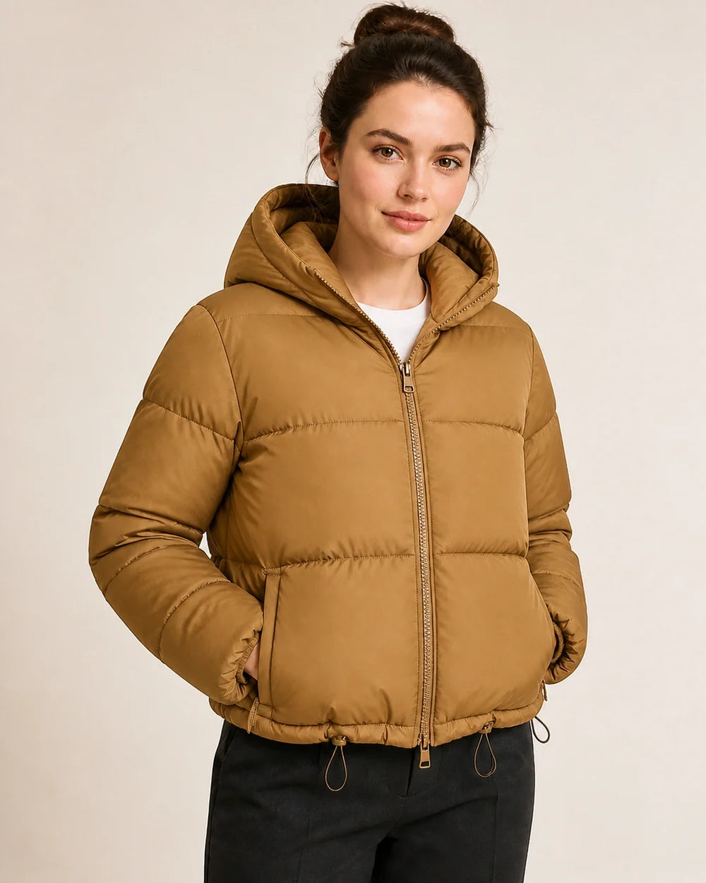 Momount women short hooded puffer jacket coffee