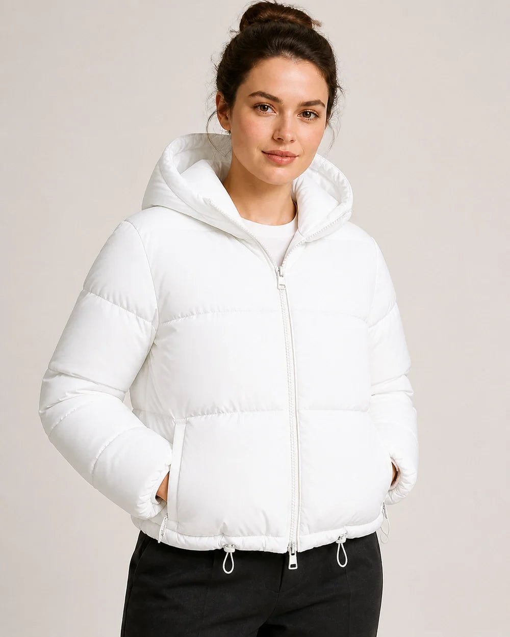 Momount women short hooded puffer jacket white