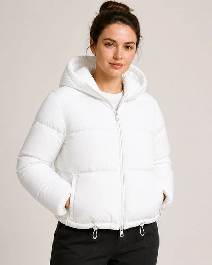 Momount women short hooded puffer jacket white