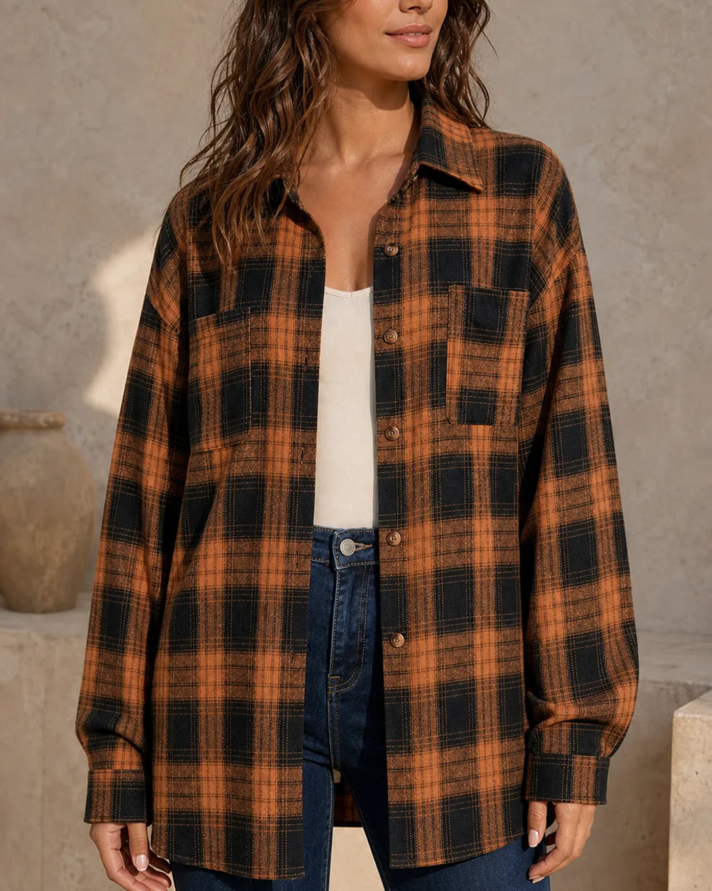 Women's caramel and black oversized plaid shirt, straight front fit view. — momount-womens-oversized-plaid-shirt-caramel-03-front-fit.webp