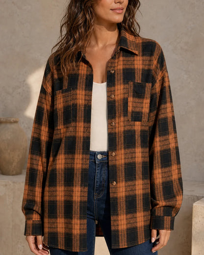 Women's caramel and black oversized plaid shirt, straight front fit view. — momount-womens-oversized-plaid-shirt-caramel-03-front-fit.webp
