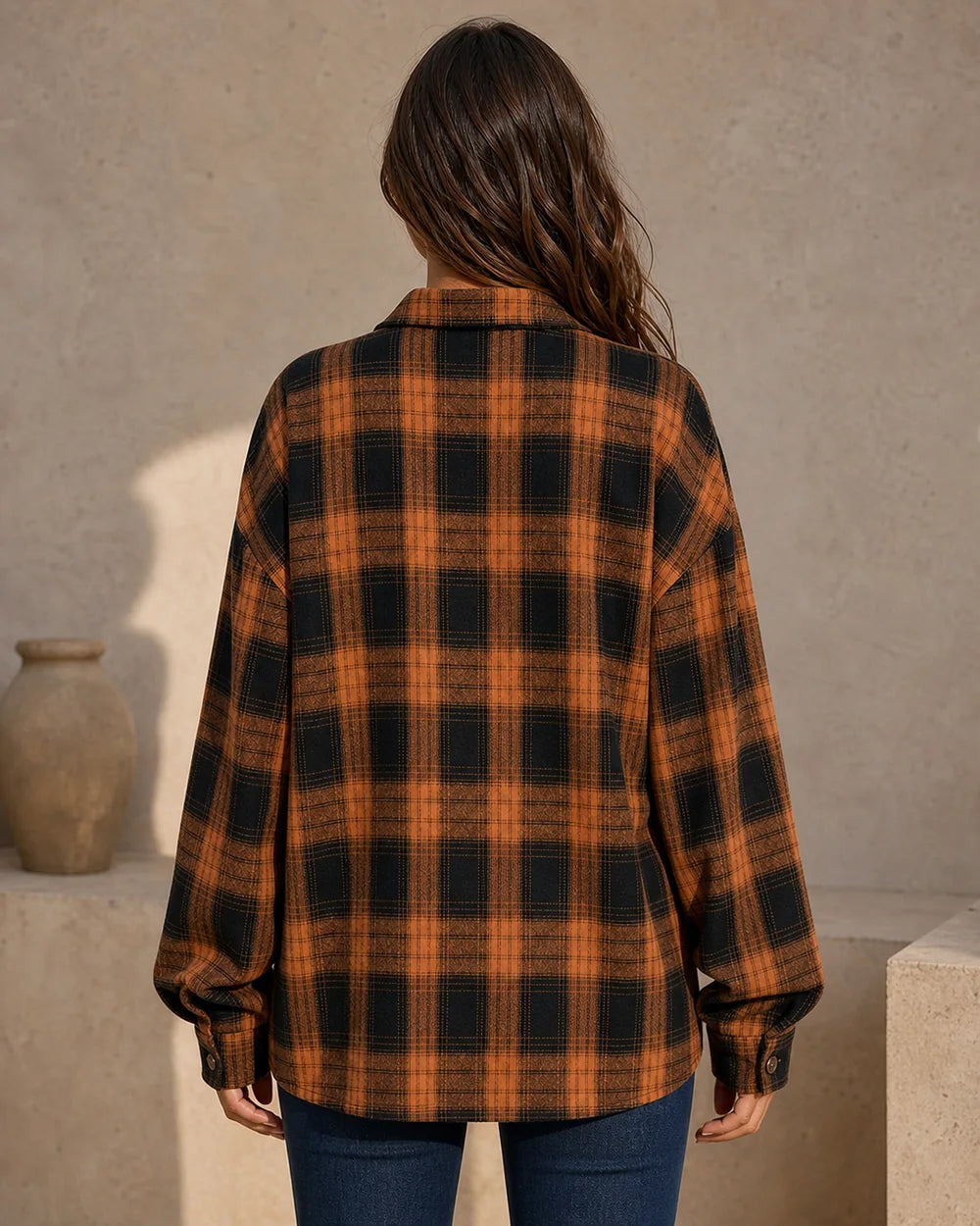 Women's caramel and black oversized plaid shirt, straight rear fit view. — momount-womens-oversized-plaid-shirt-caramel-04-back-fit.webp