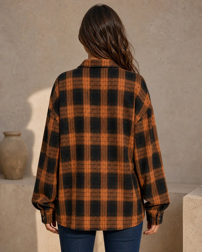 Women's caramel and black oversized plaid shirt, straight rear fit view. — momount-womens-oversized-plaid-shirt-caramel-04-back-fit.webp