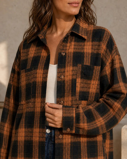 Women's caramel and black plaid shirt, collar, pockets, buttons and cuff detail. — momount-womens-oversized-plaid-shirt-caramel-05-construction-detail.webp