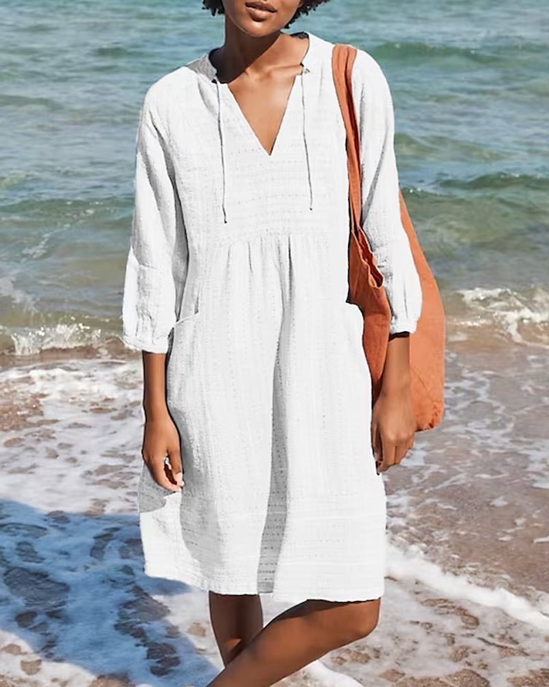 Persephone | Beach Cotton V Neck Hooded Tunic Dress