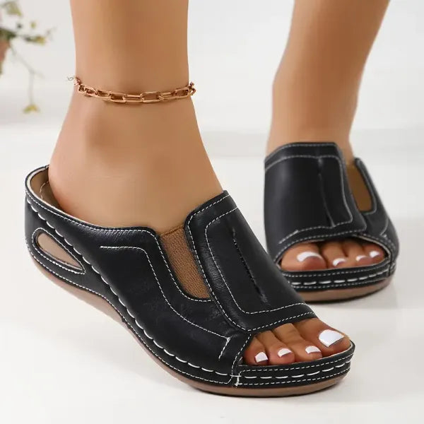 Momount Women Orthopedic Sandals – Leather Open-Toe Low Wedge Walking