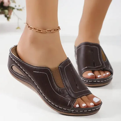Momount Women Orthopedic Sandals – Leather Open-Toe Low Wedge Walking