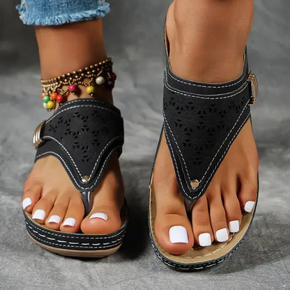 Momount Women Orthopedic Wedge Sandals – Black Laser-Cut Thong Summer