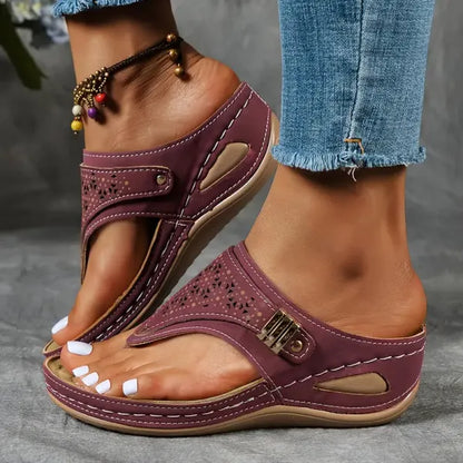 Momount Women Orthopedic Wedge Sandals – Black Laser-Cut Thong Summer
