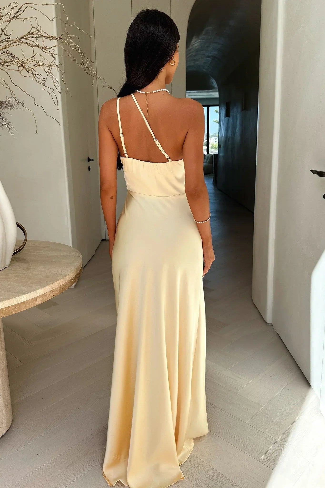 Aurelia | Elegant Satin One Shoulder Ruched High Slit Summer Maxi Dress