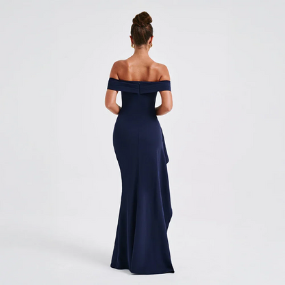 Daniela | Elegant Off Shoulder Ruched High Slit Evening Maxi Dress