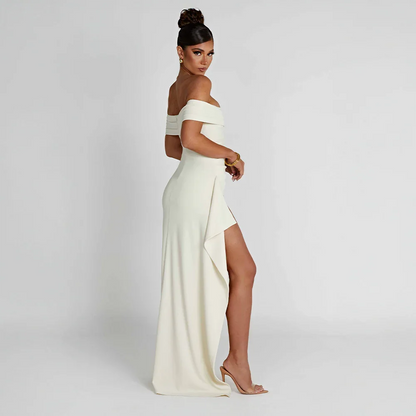 Daniela | Elegant Off Shoulder Ruched High Slit Evening Maxi Dress