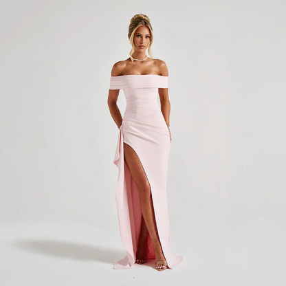 Daniela | Elegant Off Shoulder Ruched High Slit Evening Maxi Dress