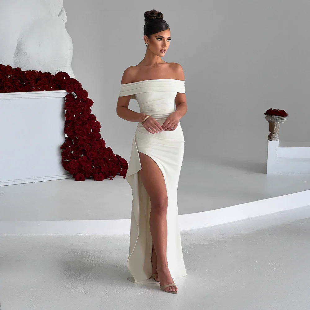 Daniela | Elegant Off Shoulder Ruched High Slit Evening Maxi Dress