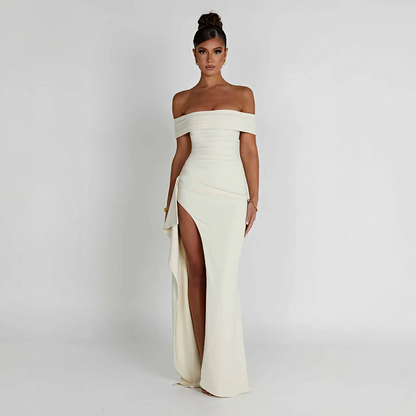 Daniela | Elegant Off Shoulder Ruched High Slit Evening Maxi Dress