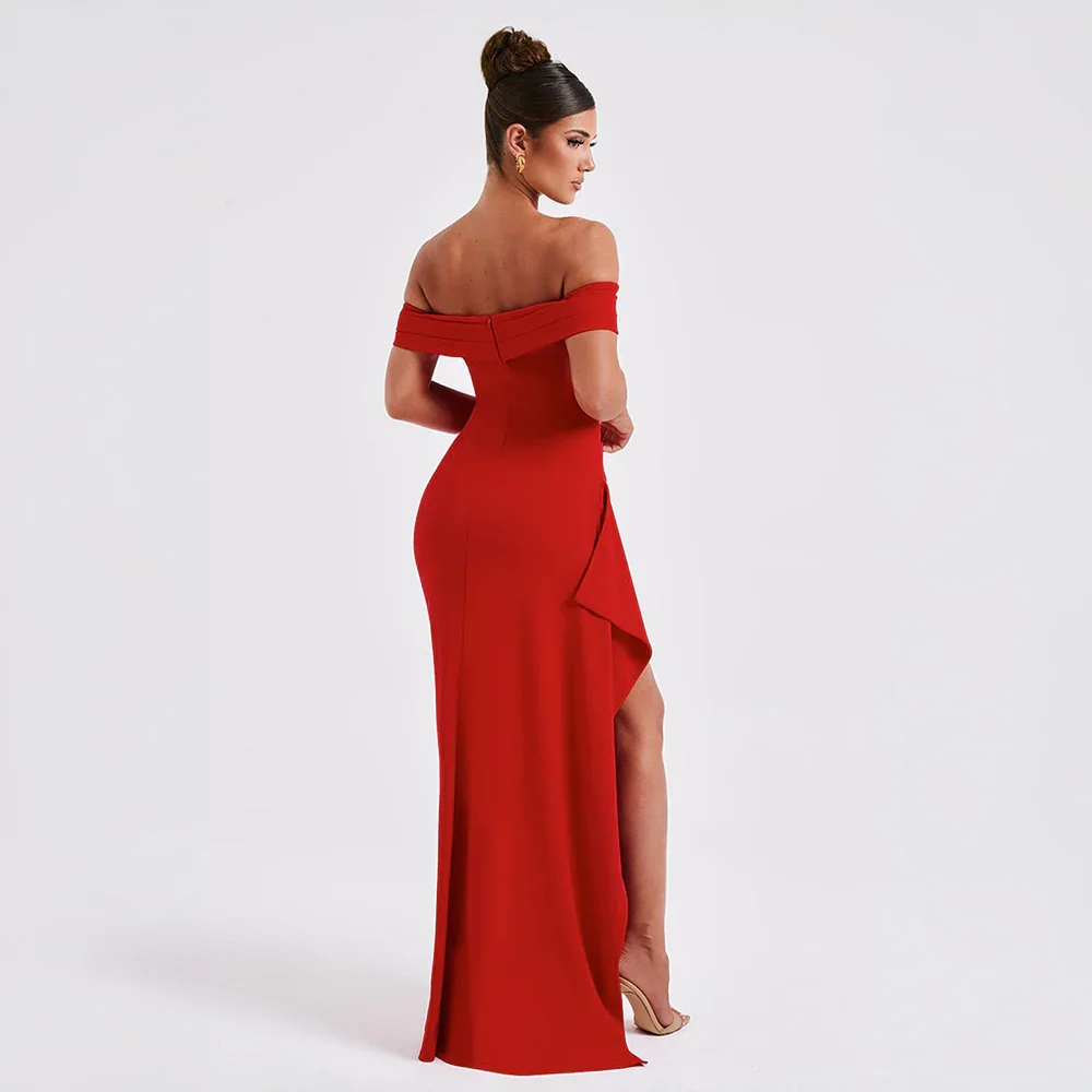 Daniela | Elegant Off Shoulder Ruched High Slit Evening Maxi Dress