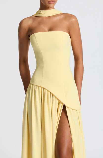 Calista | Elegant Strapless Corset Scarf Detail Slit Maxi Dress