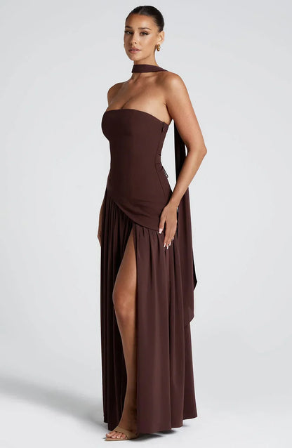 Calista | Elegant Strapless Corset Scarf Detail Slit Maxi Dress