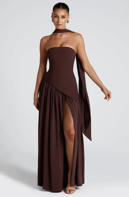 Calista | Elegant Strapless Corset Scarf Detail Slit Maxi Dress
