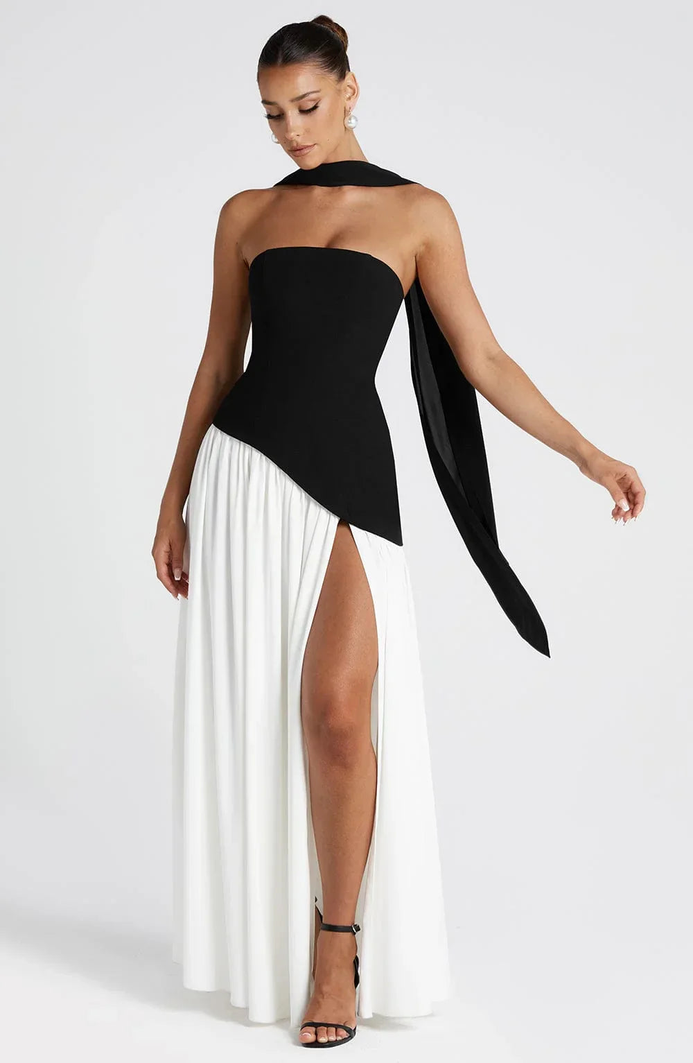 Calista | Elegant Strapless Corset Scarf Detail Slit Maxi Dress