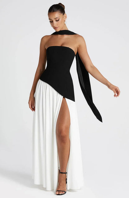 Calista | Elegant Strapless Corset Scarf Detail Slit Maxi Dress