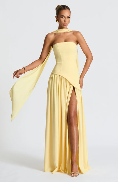 Calista | Elegant Strapless Corset Scarf Detail Slit Maxi Dress