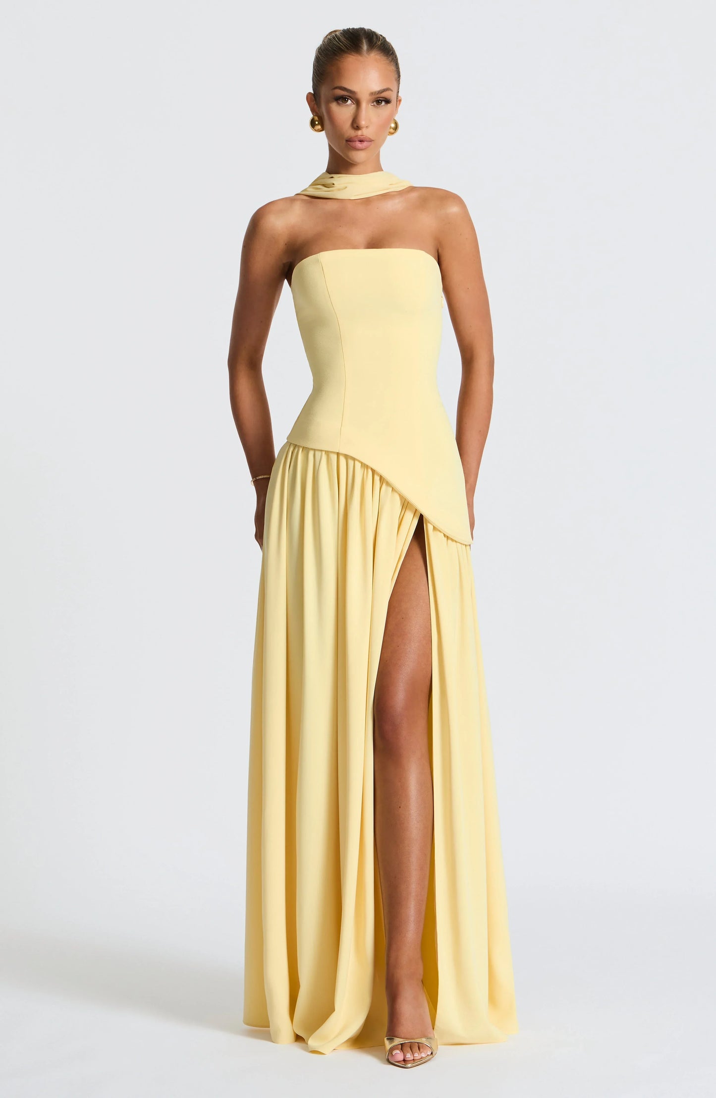 Calista | Elegant Strapless Corset Scarf Detail Slit Maxi Dress