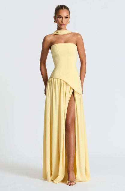 Calista | Elegant Strapless Corset Scarf Detail Slit Maxi Dress