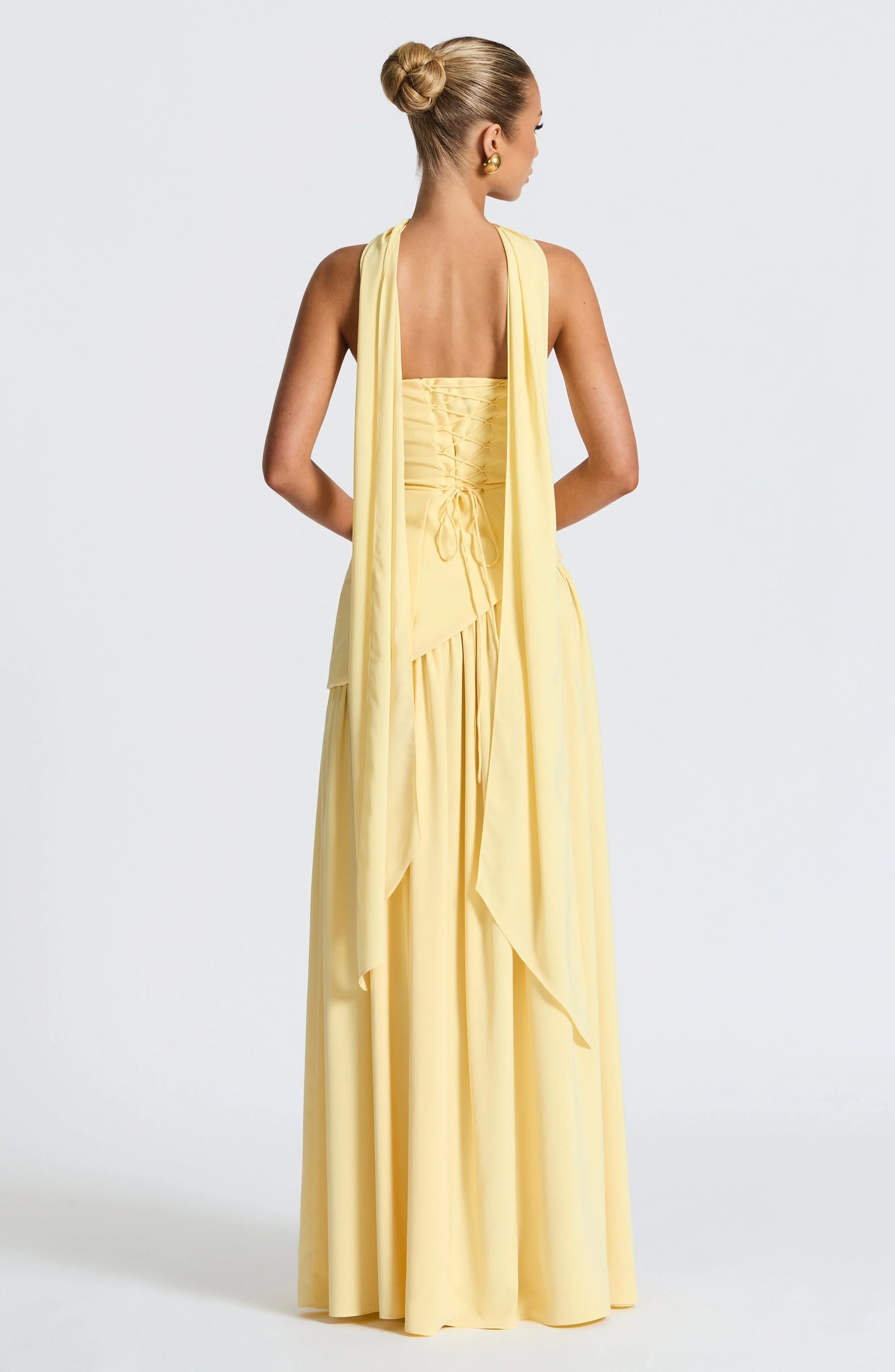 Calista | Elegant Strapless Corset Scarf Detail Slit Maxi Dress