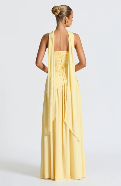 Calista | Elegant Strapless Corset Scarf Detail Slit Maxi Dress