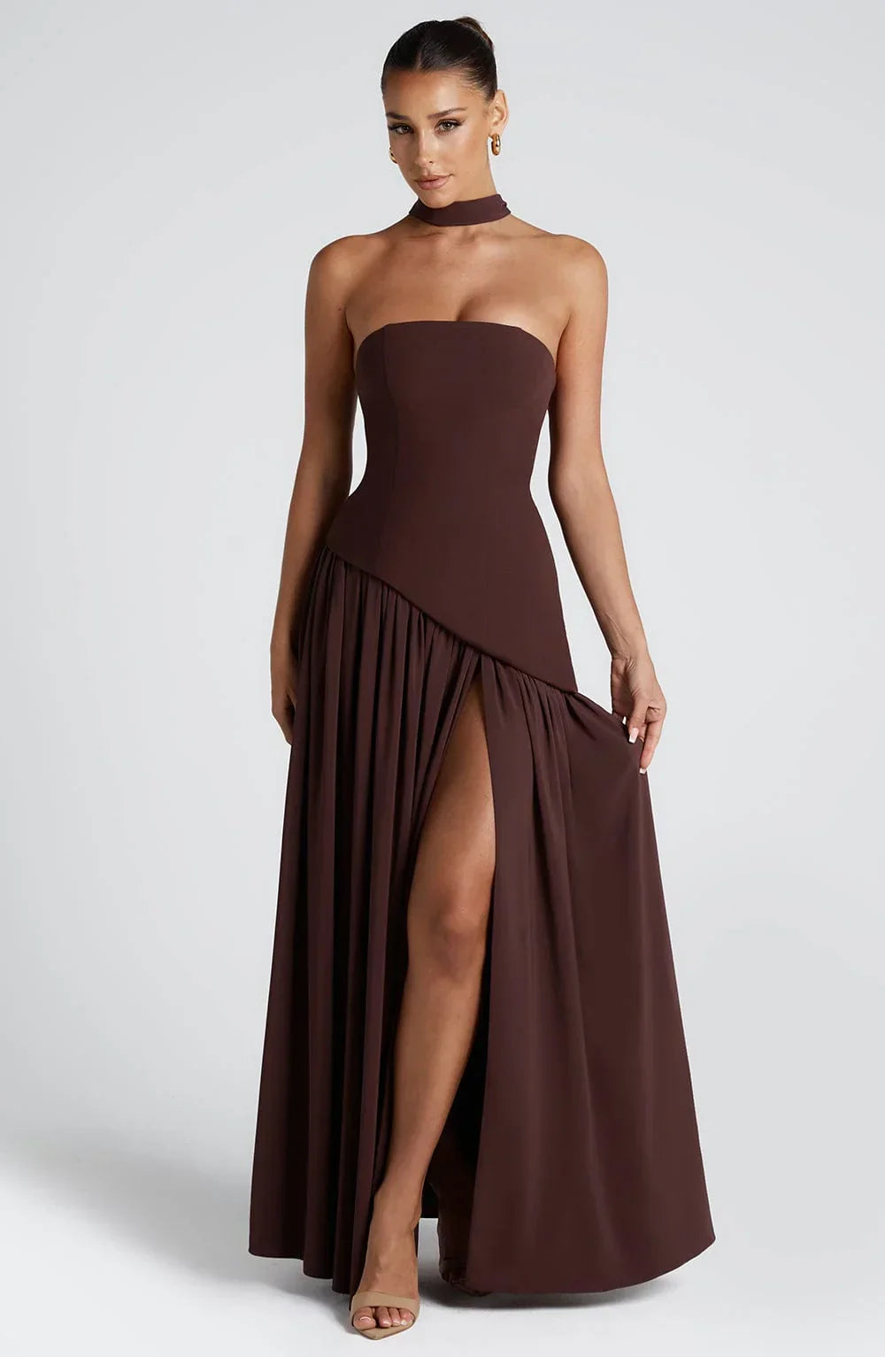Calista | Elegant Strapless Corset Scarf Detail Slit Maxi Dress