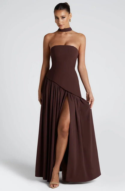 Calista | Elegant Strapless Corset Scarf Detail Slit Maxi Dress