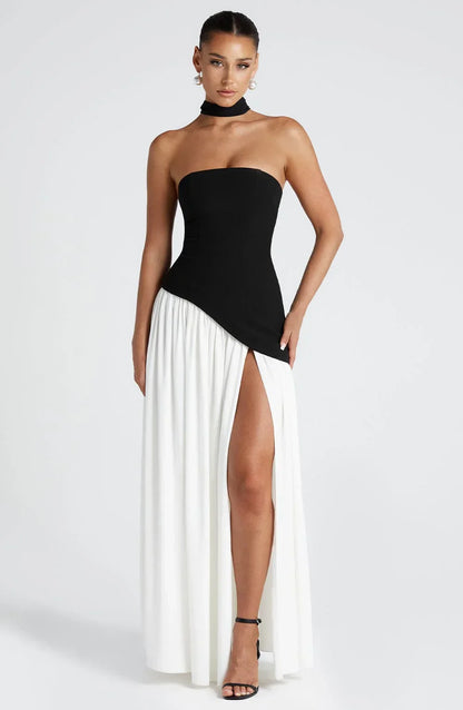 Calista | Elegant Strapless Corset Scarf Detail Slit Maxi Dress