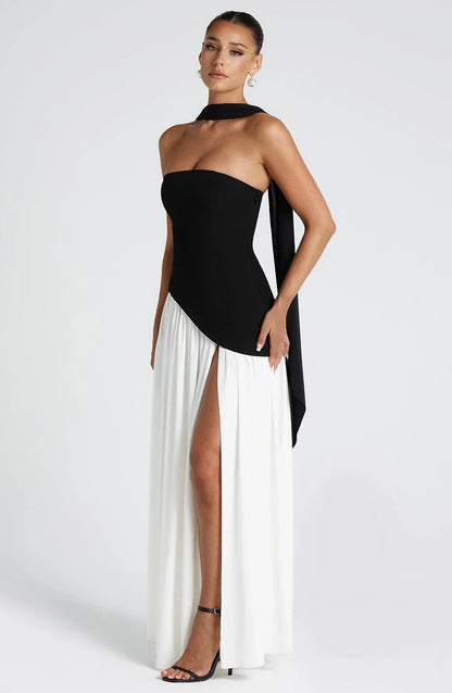 Calista | Elegant Strapless Corset Scarf Detail Slit Maxi Dress
