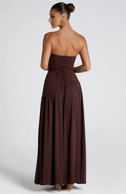 Calista | Elegant Strapless Corset Scarf Detail Slit Maxi Dress