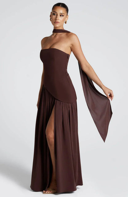 Calista | Elegant Strapless Corset Scarf Detail Slit Maxi Dress
