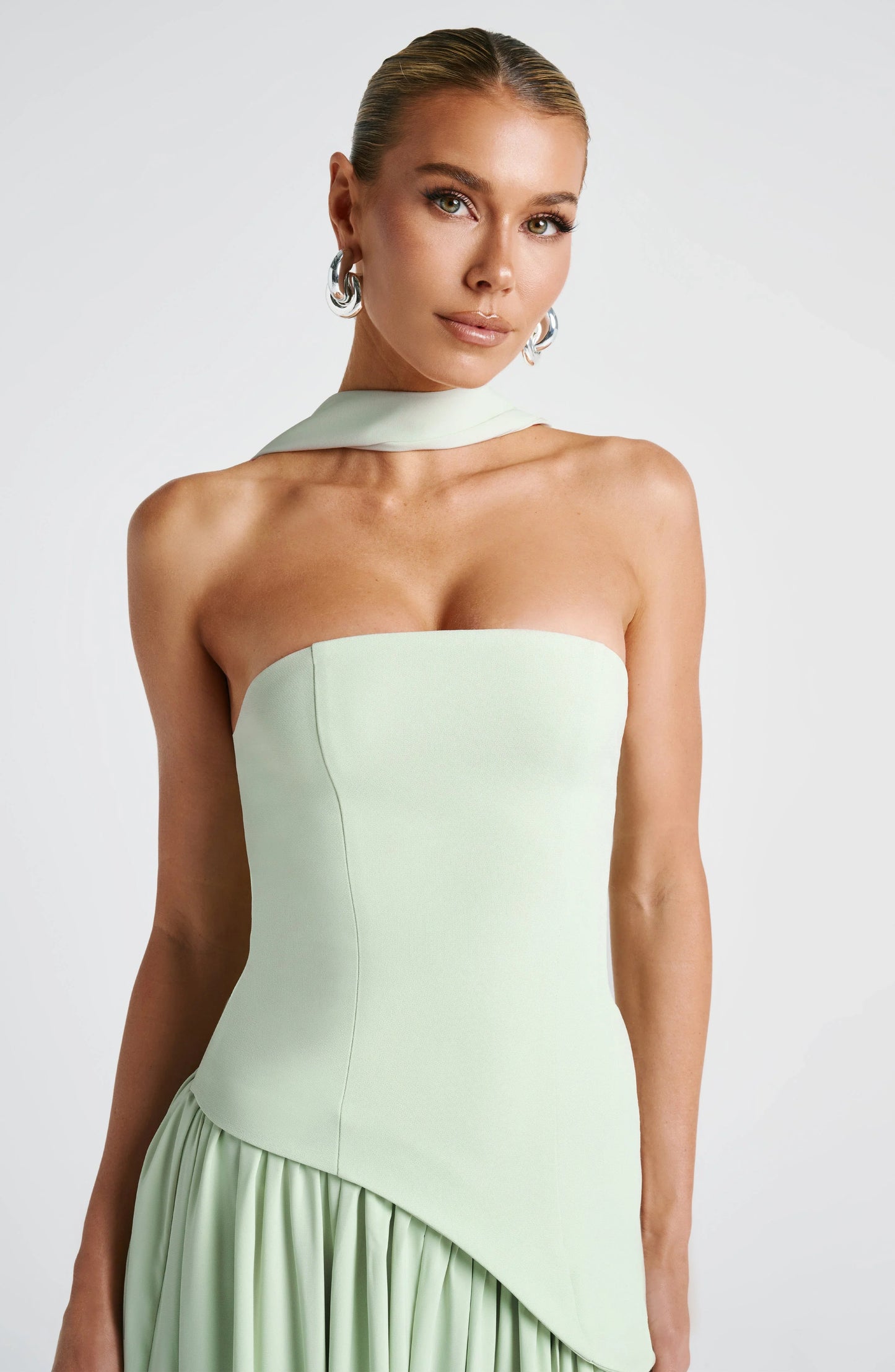 Calista | Elegant Strapless Corset Scarf Detail Slit Maxi Dress