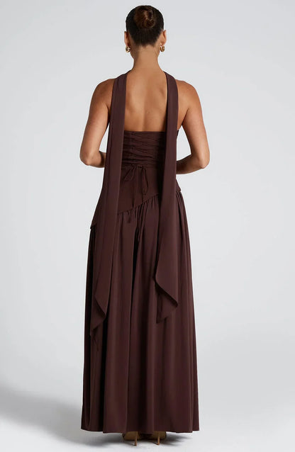 Calista | Elegant Strapless Corset Scarf Detail Slit Maxi Dress