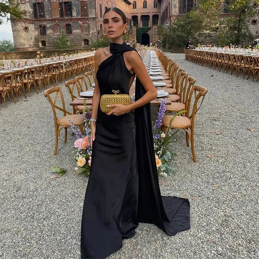 Ottavia | Draped Satin One Shoulder Caped Evening Maxi Dress