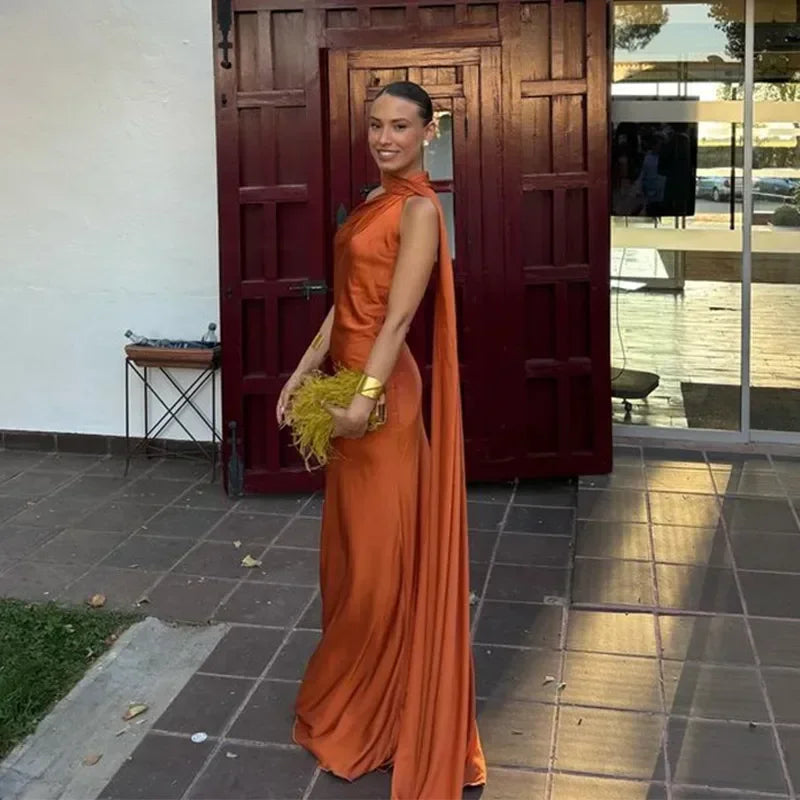 Ottavia | Draped Satin One Shoulder Caped Evening Maxi Dress