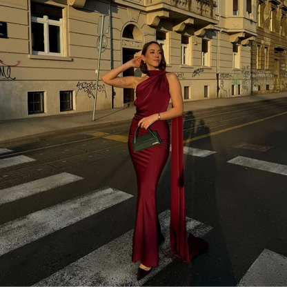 Ottavia | Draped Satin One Shoulder Caped Evening Maxi Dress