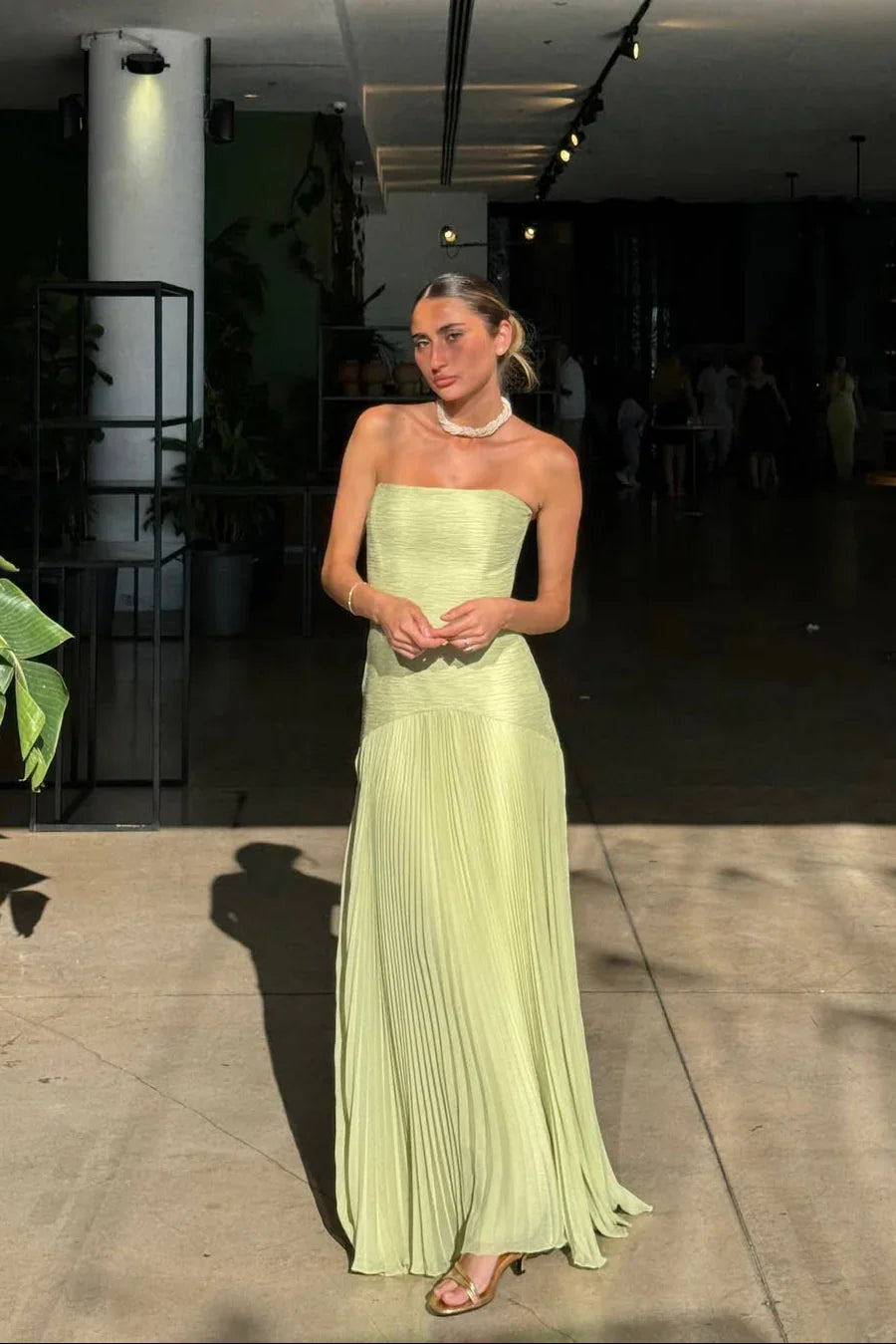 Emiliana Pleated Satin Slit Strappy Evening Flowy Maxi Dress