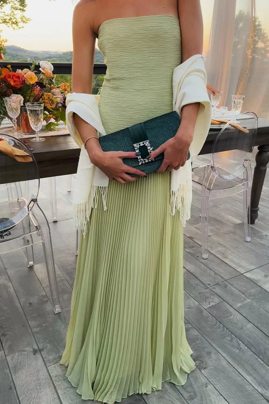 Emiliana | Pleated Satin Slit Strappy Evening Flowy Maxi Dress