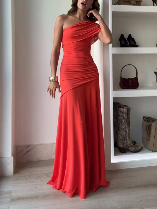 Eliana | Elegant One Shoulder Ruched Asymmetric Evening Maxi Dress